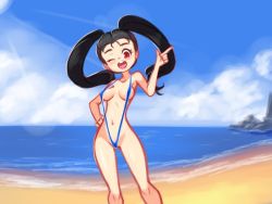 Rule 34 | 1girl, beach, black hair, blue one-piece swimsuit, blush, borrowed character, breasts, cloud, collarbone, drantyno, hand on own hip, highres, index finger raised, light rays, long hair, looking at viewer, medium breasts, navel, ocean, one-piece swimsuit, one eye closed, open mouth, red eyes, sand, sky, slingshot swimsuit, smile, standing, sun, sunbeam, sunlight, swimsuit, teeth, twintails, water, wink