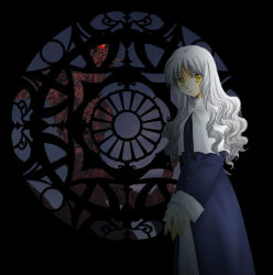 Rule 34 | 00s, 1boy, 1girl, architecture, angra mainyu (fate), capelet, caren hortensia, curly hair, fate/hollow ataraxia, fate/stay night, fate (series), full-body tattoo, glowing, glowing eyes, gothic architecture, long hair, silhouette, silver hair, standing, tattoo, v arms, window, yellow eyes