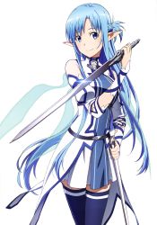 Rule 34 | 10s, 1girl, absurdres, asuna (sao), asuna (sao-alo), blue eyes, blue hair, blue thighhighs, highres, holding, holding sword, holding weapon, long hair, looking at viewer, matching hair/eyes, pointy ears, simple background, smile, solo, sword, sword art online, takata akira, thighhighs, very long hair, weapon, white background