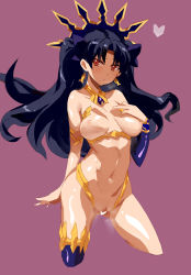 Rule 34 | 1girl, armlet, asymmetrical legwear, asymmetrical sleeves, black hair, breasts, breasts apart, censored, detached sleeves, earrings, elbow gloves, evyz3734, fate/grand order, fate (series), gloves, highres, hoop earrings, ishtar (fate), jewelry, neck ring, nipples, parted bangs, pussy, red eyes, revealing clothes, single detached sleeve, single elbow glove, single sleeve, single thighhigh, solo, thighhighs, tiara, two side up, uneven legwear, uneven sleeves, yostxxx