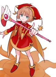 Rule 34 | 1girl, arm up, blue eyes, brown hair, cape, cardcaptor sakura, crescent, crescent hat ornament, dress, foreshortening, from above, full body, hand up, hat, hat ornament, kinomoto sakura, mage staff, nocoyaki, official alternate costume, outstretched arms, pointing, pointing at viewer, red cape, red dress, red footwear, red hat, serious, short dress, short hair, solo, standing, sun, sun hat ornament, two-sided cape, two-sided fabric, white background