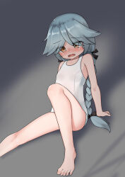 Rule 34 | 1girl, absurdres, ahoge, barefoot, black ribbon, blush, braid, brown eyes, feet, feet out of frame, flat chest, grey hair, hair over eyes, hair ribbon, hamanami (kancolle), highres, kantai collection, long hair, maru (marg0613), nose blush, one-hour drawing challenge, one-piece swimsuit, ribbon, scared, school swimsuit, single braid, sitting, solo, swimsuit, toes, white one-piece swimsuit