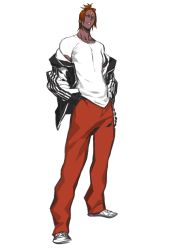 Rule 34 | 1boy, ashwatthama (fate), casual, dark skin, dark-skinned male, fate/grand order, fate (series), forehead jewel, grimace, hair up, hands in pockets, highres, jacket, male focus, miwa shirow, off shoulder, red hair, shirt, solo, t-shirt, topknot, white shirt, yellow eyes