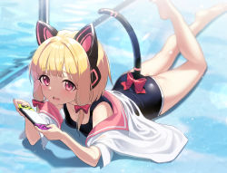 Rule 34 | 1girl, absurdres, animal ear headphones, animal ears, ass, bada (jksh5056), bare legs, barefoot, black one-piece swimsuit, blonde hair, blue archive, bow, breasts, commentary request, fake animal ears, hair bow, headphones, highres, holding, looking at viewer, lying, momoi (blue archive), nintendo switch, on stomach, one-piece swimsuit, open clothes, open mouth, open shirt, pink sailor collar, purple eyes, red bow, sailor collar, shirt, short sleeves, sidelocks, small breasts, soles, swimsuit, swimsuit under clothes, tail, tears, white shirt