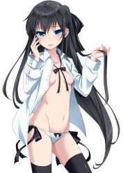 Rule 34 | 1girl, black bow, black hair, black ribbon, black thighhighs, blue eyes, blush, bow, bow panties, breasts, collared shirt, cowboy shot, dress shirt, hair between eyes, hand on own cheek, hand on own face, hands up, highres, hip focus, holding, holding own hair, kimagure blue, long hair, long sleeves, looking at viewer, navel, no bra, one side up, original, panties, parted lips, ribbon, shirt, simple background, small breasts, solo, thighhighs, thighs, unbuttoned, unbuttoned shirt, underwear, very long hair, white background, white panties, white shirt