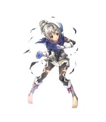 Rule 34 | 1girl, artist request, barefoot, clenched teeth, crystal, feet, fire emblem, fire emblem fates, fire emblem heroes, full body, gloves, hair bun, highres, injury, kana (female) (fire emblem), kana (fire emblem), looking to the side, nintendo, official art, pointy ears, ryona, scarf, silver hair, single hair bun, solo, teeth, toeless legwear, toes, torn clothes, transparent background