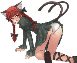 Rule 34 | 1girl, all fours, amane hasuhito, animal ears, ass, bad id, bad pixiv id, blunt bangs, bow, braid, breath, cat ears, cat girl, cat tail, extra ears, female focus, hair bow, heavy breathing, kaenbyou rin, leg ribbon, long hair, looking back, multiple hair bows, multiple tails, panties, red eyes, red hair, ribbon, sidelocks, solo, tail, touhou, twin braids, twintails, underwear, white background, white panties