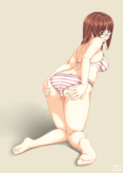 Rule 34 | 1girl, ass, ass grab, back, barefoot, bra, breasts, brown eyes, brown hair, feet, female focus, from behind, glasses, grabbing own ass, kneeling, knees together feet apart, large breasts, long hair, looking back, original, osafune kairi, panties, panties only, parted lips, simple background, solo, striped bra, striped clothes, striped panties, topless, underwear, underwear only