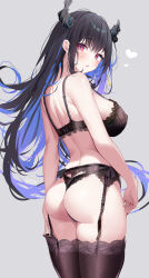 Rule 34 | 1girl, ass, asymmetrical horns, black garter belt, black hair, black panties, black thighhighs, blue hair, blush, bra visible through clothes, breasts, colored inner hair, commentary, demon horns, deyui, english commentary, from behind, garter belt, grey background, highres, hololive, hololive english, horns, large breasts, long hair, looking at viewer, looking back, mole, mole on ass, mole under eye, multicolored hair, nerissa ravencroft, paid reward available, panties, red eyes, see-through, solo, thighhighs, thong, two-tone hair, underwear, underwear only, uneven horns, virtual youtuber
