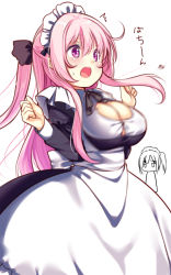 Rule 34 | 2girls, apron, arms up, black dress, breasts, buttons, cleavage, clenched hands, dress, large breasts, long hair, maid, maid headdress, motion blur, multiple girls, open mouth, original, pink eyes, pink hair, ponytail, popped button, simple background, sketch, surprised, usume shirou, wardrobe malfunction, white apron, white background