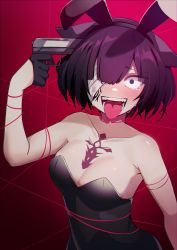 Rule 34 | 1girl, 5danny1206, absurdres, animal ears, arm up, bandage over one eye, bandages, bare shoulders, black gloves, breasts, character request, copyright request, crazy eyes, crying, fake animal ears, gloves, gradient background, gun, gun to head, handgun, highres, holding, holding gun, holding weapon, leotard, looking at viewer, medium breasts, one eye covered, open mouth, pistol, playboy bunny, pointing weapon, purple hair, rabbit ears, red background, short hair, solo, standing, strapless, string, tattoo, tears, teeth, tongue, tongue out, upper body, weapon, yandere