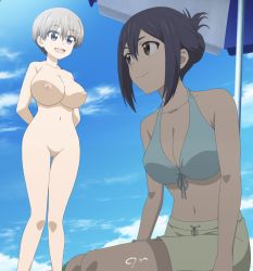 Rule 34 | 2girls, absurdres, arms behind back, asai ami, beach, beach umbrella, blue eyes, blue hair, breasts, cleft of venus, completely nude, feet out of frame, highres, large breasts, male swimwear, multiple girls, nipples, nude, nude filter, pussy, screencap, swim trunks, swimsuit, tagme, third-party edit, umbrella, uncensored, uzaki-chan wa asobitai!, uzaki hana, yellow male swimwear, yellow swim trunks