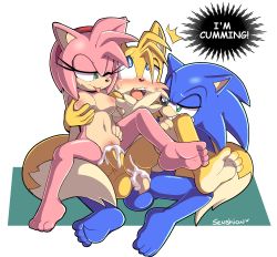 Rule 34 | 1girl, 2boys, absurdres, amy rose, artist name, barefoot, bisexual male, blue eyes, grabbing another&#039;s breast, breasts, clenched teeth, closed eyes, cum, cum in ass, cum in pussy, dialogue box, eyelashes, feet, fox boy, furry, grabbing, green eyes, grin, group sex, hairband, hedgehog, highres, legs, multiple boys, one eye closed, orgasm, penis, senshionart, sex, simple background, smile, soles, sonic (series), sonic the hedgehog, sweat, tail, tails (sonic), teeth, threesome, toes, tongue, wink