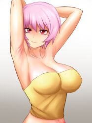 Rule 34 | 1girl, armpit focus, armpits, arms behind head, arms up, bare shoulders, breasts, cleavage, closed mouth, collarbone, crop top, gradient background, hair between eyes, highres, higurashi no naku koro ni, impossible clothes, large breasts, long bangs, looking at viewer, mamiya rina, midriff, minorchara, narrow waist, navel, pink hair, pink lips, presenting armpit, red eyes, short hair, sidelocks, simple background, skin tight, smile, solo, strapless, tube top, white background