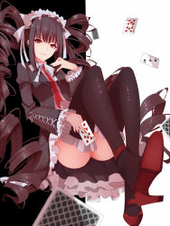 Rule 34 | 10s, 1girl, black hair, black nails, black thighhighs, blunt bangs, blurry, bonnet, bow, bowtie, card, celestia ludenberg, cross-laced clothes, danganronpa: trigger happy havoc, danganronpa (series), depth of field, drill hair, frilled sleeves, frills, gothic lolita, high heels, holding, holding card, light smile, lips, lolita fashion, long hair, long sleeves, looking at viewer, nail polish, necktie, parted lips, playing card, red eyes, red footwear, red necktie, shigure s, shoes, sidelocks, sitting, solo, thighhighs, thighs, twin drills, twintails, upskirt, very long hair, white bow, white bowtie