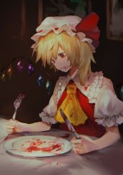 Rule 34 | 1girl, ascot, blonde hair, blood, blood on face, crying, crying with eyes open, crystal, drawing (object), flandre scarlet, fork, frills, hat, hat ribbon, highres, indoors, isshin (kaxz), knife, mob cap, puffy short sleeves, puffy sleeves, red eyes, red ribbon, ribbon, short hair, short sleeves, side ponytail, solo, tears, touhou, wings