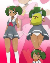 Rule 34 | 1girl, alternate hairstyle, ass, backpack, bag, belly, blush stickers, bread, breasts, creatures (company), dress, earrings, eyebrows, food, game freak, green eyes, green hair, highres, jewelry, long hair, mallow (pokemon), matching hair/eyes, microdress, nintendo, panties, pantyshot, pink hair, pokemon, pokemon (anime), pokemon sm (anime), robert m, smile, socks, solo, underwear, white socks