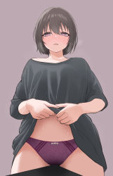 Rule 34 | 1girl, black shirt, blush, bow, bow panties, bra, bra peek, breasts, brown eyes, brown hair, commentary request, crotch rub, female masturbation, highres, large breasts, lifted by self, looking at viewer, masturbation, no pants, norato, nose blush, off shoulder, open mouth, original, panties, purple panties, shirt, short hair, simple background, solo, standing, sweat, t-shirt, table humping, underwear