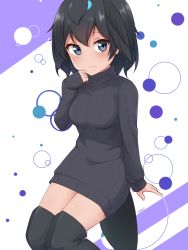 Rule 34 | 1girl, absurdres, adapted costume, bird wings, black eyes, black hair, black sweater, black thighhighs, blue whale (kemono friends), blue whale (kemono friends) (cosplay), breasts, commentary, cosplay, head wings, highres, kemono friends, long sleeves, looking at viewer, medium breasts, ribbed sweater, shiraha maru, short hair, simple background, sleeves past wrists, solo, superb bird-of-paradise (kemono friends), sweater, tail, thighhighs, turtleneck, turtleneck sweater, white background, wings