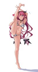 Rule 34 | 1girl, absurdres, animal ears, animal print, armpits, barefoot, bell, bikini, blue eyes, blush, breasts, cleavage, cow ears, cow print, cowbell, ear tag, heart, heterochromia, highleg, highleg swimsuit, highres, hololive, hololive english, irys (hololive), large breasts, long hair, looking at viewer, navel, neck bell, open mouth, pointy ears, presenting armpit, print bikini, purple eyes, shift (shiftillust), simple background, soles, solo, swimsuit, virtual youtuber, white background