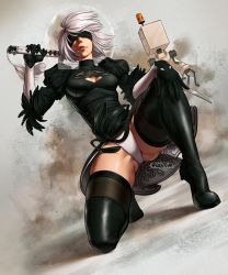 Rule 34 | 1girl, 2b (nier:automata), black blindfold, black dress, black hairband, black thighhighs, blindfold, boots, breasts, cleavage cutout, clothing cutout, covered eyes, dress, gloves, hairband, highres, juliet sleeves, leotard, lips, long sleeves, medium breasts, mole, mole under mouth, nier:automata, nier (series), nose, on one knee, over shoulder, plantar flexion, pod (nier:automata), puffy sleeves, short hair, silver hair, solo, sword, sword over shoulder, thigh boots, thighhighs, valentina tavolilla, weapon, weapon over shoulder, wind