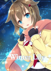 Rule 34 | 1girl, :d, absurdres, ahoge, black gloves, blue ribbon, blush, brown hair, english text, fingerless gloves, gloves, gradient background, hair flaps, hair ornament, hairpin, highres, iris yayoi, jacket, kantai collection, light particles, long sleeves, looking at viewer, neckerchief, open clothes, open jacket, open mouth, partially unbuttoned, pink scarf, red neckerchief, ribbon, scarf, shigure (kancolle), shigure kai ni (kancolle), short hair, smile, solo, tareme, upper body, yellow jacket