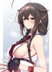 Rule 34 | 1girl, absurdres, ahoge, black gloves, blue eyes, braid, breasts, brown hair, brown hat, chest harness, fingerless gloves, from side, gloves, hair flaps, hair over shoulder, harness, hat, highres, kantai collection, large breasts, long hair, necktie, red necktie, shiba (zudha), shigure (kancolle), shigure kai san (kancolle), shirt, sideboob, single braid, sleeveless, sleeveless shirt, solo, thought bubble, translation request, two-tone shirt, upper body
