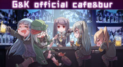 Rule 34 | 404 (girls&#039; frontline), 5girls, a bao, alcohol, armband, bar (place), bartender, beer, beer mug, blue hair, blush stickers, bottle, brown hair, chinese commentary, cocktail glass, commentary request, crossover, crying, cup, drinking glass, drunk, english text, engrish text, closed eyes, fingerless gloves, g11 (girls&#039; frontline), girls&#039; frontline, glass, glass bottle, gloves, highres, hk416 (girls&#039; frontline), hood, hooded jacket, jacket, jill stingray, mug, multiple girls, neon lights, purple hair, ranguage, red eyes, scar, scar across eye, scar on face, siblings, side ponytail, silver hair, sisters, spilling, sweatdrop, twins, twintails, ump45 (girls&#039; frontline), ump9 (girls&#039; frontline), va-11 hall-a, wine bottle