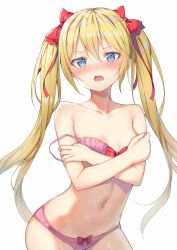Rule 34 | 1girl, @ @, alexmaster, blonde hair, blue eyes, blush, bow, bow panties, bra, breasts, collarbone, covering privates, covering breasts, cowboy shot, embarrassed, fang, hair ribbon, highres, long hair, looking at viewer, navel, open mouth, original, panties, pink bra, pink panties, red ribbon, ribbon, simple background, small breasts, solo, stomach, tearing up, twintails, underwear, white background