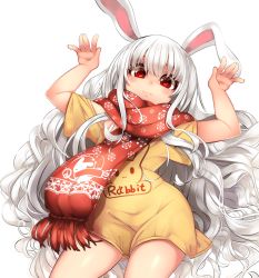 Rule 34 | 1girl, animal ears, animal print, blush, cowboy shot, ear down, english text, highres, korean commentary, long hair, looking at viewer, off-shoulder shirt, off shoulder, original, paw pose, rabbit ears, rabbit girl, rabbit print, red eyes, red scarf, scarf, shirt, short sleeves, simple background, smile, snowflake print, solo, transparent background, user wcgm5435, very long hair, wavy hair, white background, white hair, yellow shirt