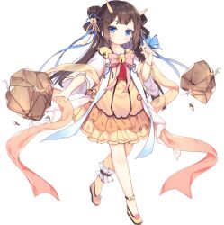 Rule 34 | 1girl, ark order, bell, blue eyes, bow, bracelet, branch, bridal garter, brown hair, bug, butterfly, butterfly on hand, chimi-mouryou (ark order), dragon horns, dress, flats, full body, hagoromo, horns, insect, jewelry, jingle bell, long sleeves, looking at viewer, official art, pink bow, rock, shawl, sidelocks, solo, tachi-e, transparent background, tsukimi (xiaohuasan), two side up, variant set, wide sleeves, yellow dress, yellow footwear