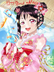 Rule 34 | 1girl, artist name, artist request, back bow, bare shoulders, black hair, blue sky, blush, bow, cloud, double bun, elbow sleeves, female focus, floral print, flower print, hair bow, hair bun, highres, holding, japanese clothes, kimono, looking at viewer, love live!, love live! school idol festival, love live! school idol project, minami yuka (kimikoko thanks), outdoors, parted lips, pink bow, pink kimono, red eyes, short hair, sky, smile, solo, striped, striped bow, twintails, yazawa nico, yukacchi inamin