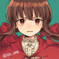 Rule 34 | 1girl, alternate costume, alternate hair ornament, bow, brown hair, cape, center frills, commentary request, danganronpa (series), danganronpa v3: killing harmony, frills, green background, hair ornament, haizai, harukawa maki, long hair, looking at viewer, low twintails, open mouth, red bow, red cape, red eyes, shirt, simple background, solo, tearing up, twintails, white shirt