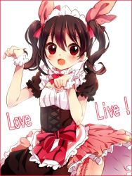Rule 34 | 10s, 1girl, :d, bad id, bad pixiv id, black hair, border, bow, copyright name, english text, hair bow, looking at viewer, love live!, love live! school idol project, maid, mogyutto &quot;love&quot; de sekkin chuu!, open mouth, paw pose, red border, red eyes, rinndouk, short hair, skirt, smile, solo, twintails, yazawa nico