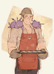 Rule 34 | 1boy, alternate costume, apron, bad id, bad pixiv id, bara, black hair, black pants, brown hair, chataro1412, cookie, cooking, cowboy shot, creature, food, food on clothes, glasses, head scarf, looking to the side, male focus, muscular, muscular male, on shoulder, pants, partially unbuttoned, pectoral cleavage, pectorals, red apron, rimless eyewear, motoori shiro, shirt, short hair, smile, solo, thick eyebrows, tokyo houkago summoners, white shirt