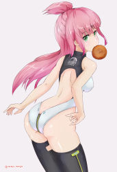 Rule 34 | 1girl, absurdres, alice gear aegis, ass, bare shoulders, breasts, butt crack, from behind, fujino yayoi, green eyes, highres, leotard, long hair, looking at viewer, medium breasts, mouth hold, pink hair, rasen manga, shiny clothes, shiny skin, sideboob, solo, thighhighs, very long hair