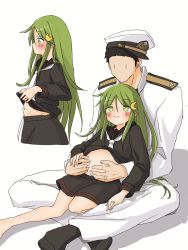 Rule 34 | absurdres, admiral (kancolle), barefoot, black footwear, black hair, black serafuku, black skirt, blush, closed mouth, crescent, crescent hair ornament, epaulettes, green eyes, green hair, hair between eyes, hair ornament, hands on another&#039;s stomach, hat, highres, implied pregnancy, jewelry, kantai collection, long hair, long sleeves, military, military hat, military uniform, nagatsuki (kancolle), neckerchief, po0000000000, ring, school uniform, serafuku, sidelocks, skirt, uniform, wedding band, white neckerchief
