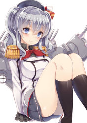 Rule 34 | 10s, 1girl, bad id, bad pixiv id, beret, black socks, blue eyes, breasts, epaulettes, frilled sleeves, frills, hat, kantai collection, kashima (kancolle), kerchief, kneehighs, large breasts, long hair, looking at viewer, military, military uniform, silver hair, simple background, socks, solo, turret, twintails, uniform, wavy hair, white background, yuzu-aki