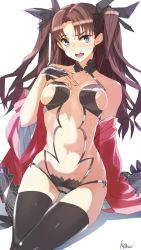 Rule 34 | 1girl, areola slip, arm support, bare shoulders, black ribbon, black thighhighs, blue eyes, blush, breasts, bridal gauntlets, brown hair, cosplay, embarrassed, fate/grand order, fate/stay night, fate (series), female focus, hair ribbon, hand on own chest, highres, japanese clothes, kaw194, kimono, legs, long hair, looking at viewer, medium breasts, navel, neck, nipple slip, nipples, off shoulder, open mouth, parted bangs, red kimono, revealing clothes, ribbon, shadow, shiny skin, shuten douji (fate), shuten douji (fate) (cosplay), shuten douji (first ascension) (fate), shy, sideboob, simple background, sitting, solo, thighhighs, tohsaka rin, two side up, type-moon, wavy mouth, white background, wide sleeves