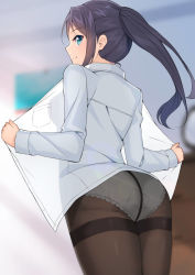 Rule 34 | 1girl, ass, black hair, blue eyes, blurry, blurry background, closed mouth, commentary, cowboy shot, depth of field, dress shirt, from behind, highres, indoors, lace, lace-trimmed panties, lace trim, long sleeves, looking at viewer, looking back, no pants, open clothes, open shirt, opened by self, original, panties, panties under pantyhose, pantyhose, ponytail, raitho, shirt, sidelocks, smile, solo, standing, thighband pantyhose, underwear