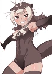 Rule 34 | 1girl, animal ears, antenna hair, armpits, bare shoulders, breasts, brown eyes, brown hair, commentary, elbow gloves, extra ears, fingerless gloves, giant otter (kemono friends), gloves, grin, highres, impossible clothes, impossible swimsuit, kemono friends, looking at viewer, masuyama ryou, medium breasts, multicolored hair, one-piece swimsuit, outstretched arms, simple background, smile, solo, spread arms, swimsuit, tail, thighhighs, turtleneck, turtleneck one-piece swimsuit, two-tone hair, two-tone swimsuit, white background, white hair