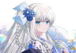 Rule 34 | 1girl, blue flower, blue nails, blurry, blurry background, braid, closed mouth, commentary request, depth of field, fate/grand order, fate (series), floral print, flower, from side, grey hair, hair flower, hair ornament, hair over shoulder, hand fan, highres, holding, holding fan, japanese clothes, kimono, long hair, looking at viewer, looking to the side, morgan le fay (fate), morgan le fay (fgo fes. 2023) (fate), nail polish, paper fan, ponytail, print kimono, sakura tsubame, smile, solo, uchiwa, upper body, white kimono