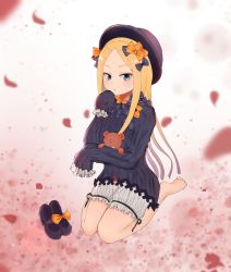 Rule 34 | 1girl, :o, abigail williams (fate), barefoot, black bow, black dress, black footwear, black hat, blonde hair, bloomers, blue eyes, blurry, blurry background, blush, bow, bug, butterfly, depth of field, dress, fate/grand order, fate (series), forehead, hair bow, hand up, hat, highres, hugging object, insect, kubong, long hair, long sleeves, mary janes, orange bow, parted bangs, parted lips, petals, polka dot, polka dot bow, seiza, shoes, sitting, sleeves past fingers, sleeves past wrists, soles, solo, stuffed animal, stuffed toy, teddy bear, underwear, unworn shoes, very long hair, white bloomers