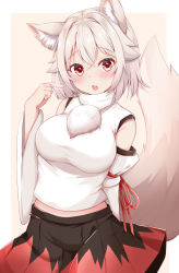 Rule 34 | 1girl, animal ear fluff, animal ears, beige background, blush, breasts, commentary request, detached sleeves, fang, hair between eyes, inubashiri momiji, large breasts, looking at viewer, no headwear, no headwear, open mouth, red eyes, rururiaru, short hair, silver hair, simple background, skin fang, skit, solo, tail, touhou, two-tone background, white background, wolf ears, wolf tail