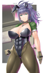 Rule 34 | abs, animal ears, black leotard, blue hair, clenched hand, dog tags, earrings, fake animal ears, fingerless gloves, gloves, green eyes, green jacket, highres, jacket, jewelry, leona heidern, leotard, muscular, muscular female, open clothes, open jacket, pantyhose, playboy bunny, ponytail, rabbit ears, saizu nitou gunsou, shocker, the king of fighters