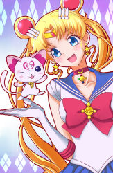Rule 34 | 10s, 1girl, :d, amawa kazuhiro, bishoujo senshi sailor moon, bishoujo senshi sailor moon (first season), blonde hair, blue eyes, blue sailor collar, bow, brooch, cat, choker, crossover, double bun, earrings, elbow gloves, gloves, hair bun, hair ornament, hairpin, highres, hummy (suite precure), jewelry, long hair, magical girl, mitsuishi kotono, one eye closed, open mouth, precure, red bow, ribbon, sailor collar, sailor moon, smile, suite precure, tsukino usagi, twintails, voice actor connection, white gloves