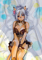 Rule 34 | 00s, 1girl, animal ears, armband, bed, breasts, cat ears, cat tail, cleavage, collar, doraeshi, final fantasy, final fantasy xi, flower, hair flower, hair ornament, highres, looking at viewer, midriff, mithra (ff11), on bed, purple eyes, short hair, silver hair, sitting, smile, solo, summer, tail, thigh strap