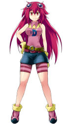 Rule 34 | 1girl, bare shoulders, belt, blue skirt, breasts, closed mouth, digimon, digimon story: lost evolution, full body, gloves, hair between eyes, hair ornament, hand on own hip, kizuna (digimon), legs apart, long hair, looking at viewer, medium breasts, miniskirt, n36hoko, pink footwear, pink hair, pink shirt, pink skirt, red eyes, shirt, simple background, skirt, sleeveless, sleeveless shirt, smile, solo, standing, striped, very long hair, white background, yellow belt, yellow gloves