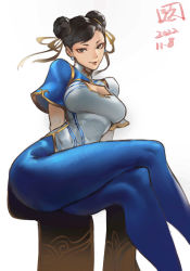 Rule 34 | 1girl, absurdres, black hair, bow, breasts, capcom, chinese clothes, chun-li, cleavage cutout, clothing cutout, crossed legs, dated, double bun, earrings, eyeshadow, hair bow, hair bun, highres, jewelry, juaag acgy, legs, looking at viewer, makeup, medium breasts, pearl earrings, red eyeshadow, sitting, solo, street fighter, street fighter 6, thighs