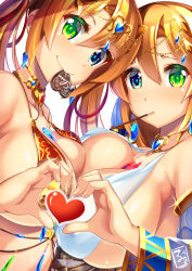 Rule 34 | 2girls, aqua eyes, arabian clothes, armpits, bare shoulders, blonde hair, blue eyes, blush, breast press, breasts, chocolate, earrings, fang, food, gold, green eyes, heart, heart hands, heterochromia, jewelry, large breasts, long hair, looking at viewer, luupechi, multiple girls, nails, original, pocky, smile, twintails, yuki (luupechi), yuri (luupechi)